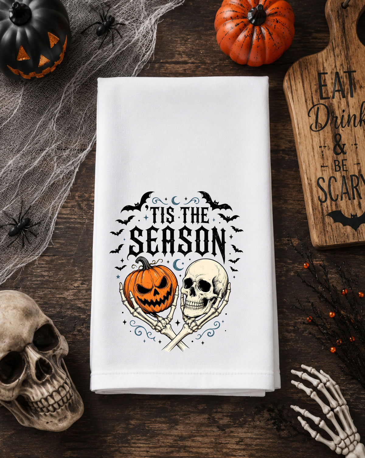 'Tis the Season Skeleton & Pumpkin Halloween Dish Towel