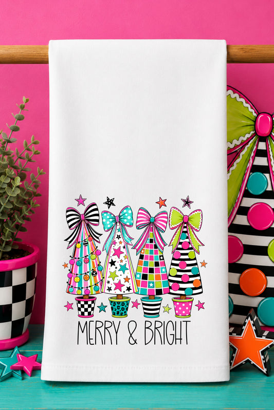 Merry & Bright Colorful Christmas Trees Dish Towel