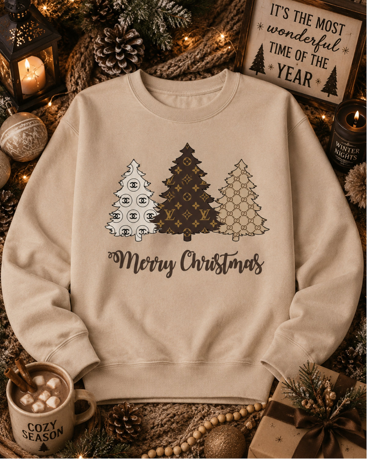 Designer-Inspired Merry Christmas Trees Sweatshirt & T-Shirt
