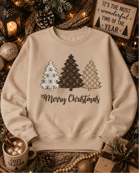 Designer-Inspired Merry Christmas Trees Sweatshirt & T-Shirt